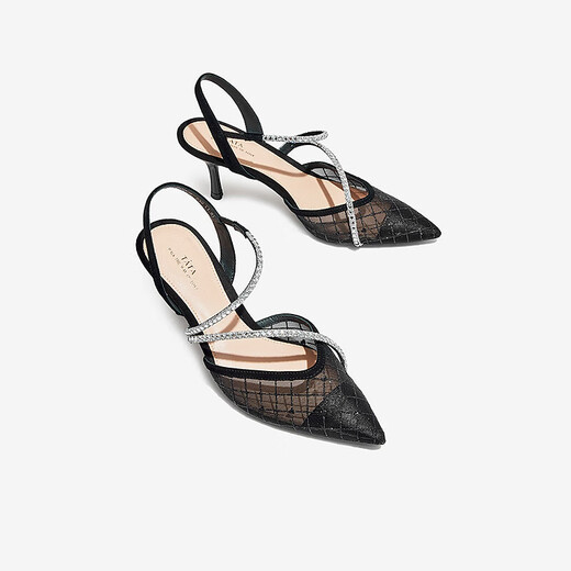 他她2023夏时尚尖头细高跟时装凉鞋女7DDJ9BH3 黑色 35