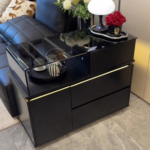 KSALOY2025 new Italian style sofa side cabinet, creative light luxury and high-end side table, movable glass corner table with light, new model_mobile side cabinet, tempered glass + ambient light power socket, right drawer, new model_mobile side cabinet