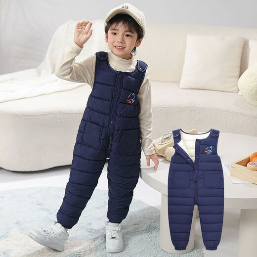 Warm winter duck children's down cotton overalls infants and toddlers thickened cotton pants for boys and girls to wear open one-piece plus down crotch gray 110 4-5 years old