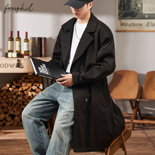 Foss Phil windbreaker men's autumn and winter loose casual mid-length jacket light mature style coat jacket 2407 black M