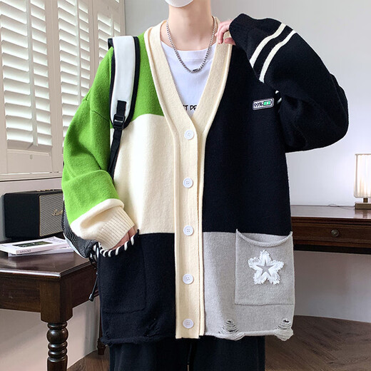 Pierre Cardin sweater cardigan men's autumn new loose casual versatile jacket men's color matching trendy design V-neck sweater 24865 light gray XL 180 (about 145~160Jin Jin equals 0.5 kg can be worn)