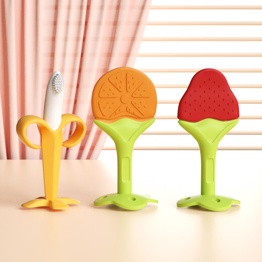 Tired baby soothing teether, molar stick, baby bite gum, anti-eating hand artifact, chewable silicone, can be boiled, fruit three-piece set, orange + strawberry + banana