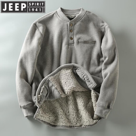JEEP SPIRIT new waffle plus velvet thickened warm autumn and winter men's large size Henry collar long-sleeved sweatshirt pullover men's dark gray M recommended 90-110Jin Jin equals 0.5 kg