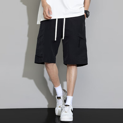 Trueves shorts men's summer thin ice silk cool five-point casual pants men's youth loose straight work medium pants DK701 black 2XL