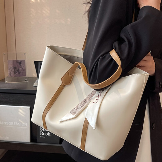 Bai Qixin Tote Bag Large Capacity Commuting Large Bag Women's Fashionable Simple Tote Bag Retro Shoulder Handbag Simple Tote Bag White with Brown + Ribbon