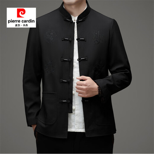 Pierre Cardin Grandpa Spring and Autumn Outer Suit Middle-aged and Elderly Tang Suit Men's National Style Birthday Birthday Dad Wedding Banquet Outfit Festive Clothes Black XL 180