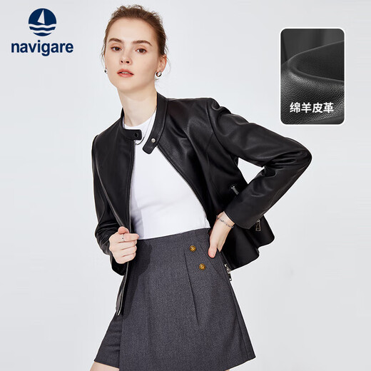 Navikel Italian dinghy women's short leather jacket stand collar motorcycle style slim jacket 2336703509 L