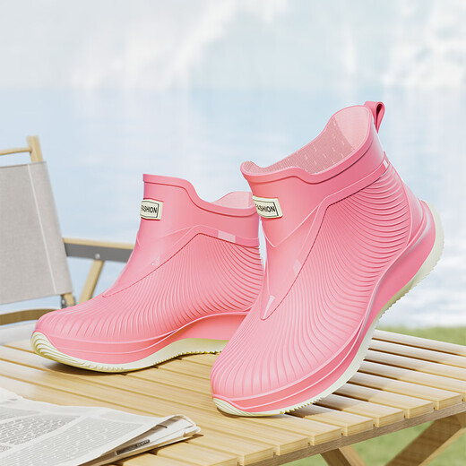 短筒雨鞋女款时尚水鞋外穿雨靴防滑防水鞋厨房水靴洗车胶鞋工作鞋 米色-标准码-无绒 38