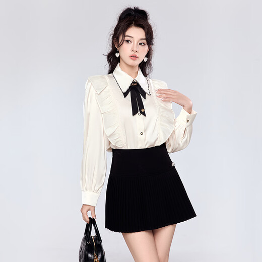 Fantu Fantu 2024 autumn new style French retro small fragrance bow long-sleeved shirt beige shirt M