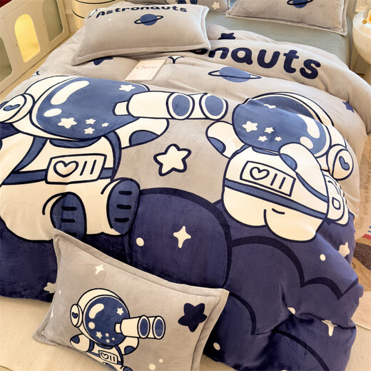 SpongeBob SquarePants milk velvet bed four-piece set for home new winter coral duvet cover bedding single children's three-piece set Space Xiaoshuai comfortable and soft bed sheet style 1.8 four-piece set-quilt cover 200x230