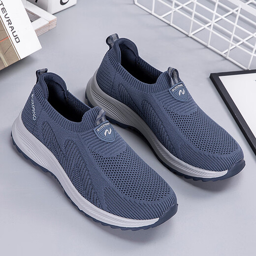 步步快足力健老人鞋秋季一脚蹬男网面透气中老年舒适爸爸散步休闲健步鞋 雾蓝D6605男NI 42 运动鞋标准码