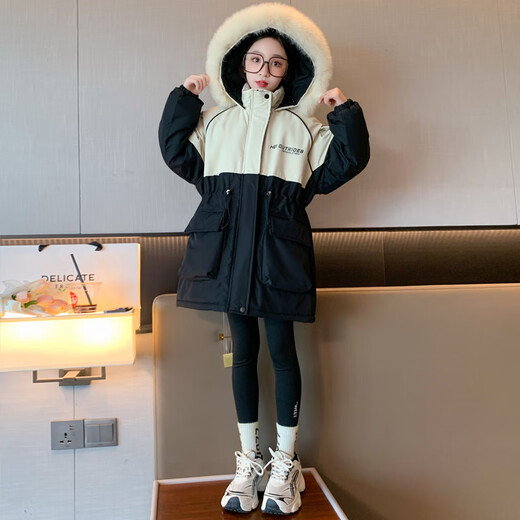 细仔码头儿童装女童派克服外套中大童毛领时尚加绒加厚中长款大衣棉服韩版 卡其色 毛领可拆卸 160