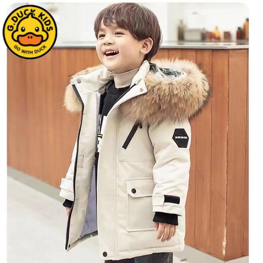 G.DUCKKIDS boys' down cotton padded coat thickened parka coat 2025 autumn and winter coat children's hooded large fur collar padded coat black 160 cm