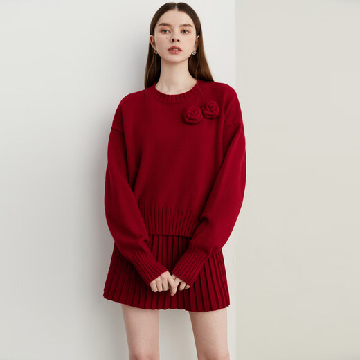 DPLAY2025 Autumn New Casual Red Round Neck Flower Design Sweater Knit Top Long Sleeve Women Ankora Red-Top XL