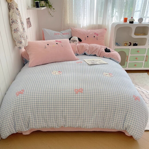 Enxing winter thickened plus velvet bed four-piece set coral milk flannel towel embroidered quilt cover sheet baby velvet bedding GL Blue Cat Cat A thickened milk velvet softer and warmer 1.5m bed sheet style four-piece set - quilt cover 200*230cm