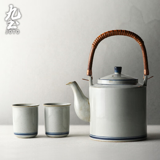 Jiutu household ceramic cold kettle large capacity old-fashioned retro teapot blue and white underglaze color cold kettle teacup blue and white handle teapot