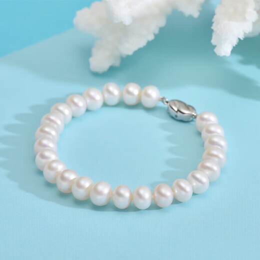 Jingrun Zhuohua S925 silver inlaid with white nearly round freshwater pearl bracelet mother style 9-10mm19cm for mother