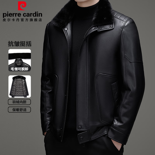 皮尔卡丹（pierre cardin）羽绒内胆皮衣男士商务休闲可脱毛领立领皮夹克中年男士爸爸装外套