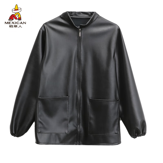 稻草人（MEXICAN）男士皮衣皮裤套装防油防水机车摩托车防风保暖屠宰水产劳保工作服 黄金绒加绒连帽[棉款上衣] 加厚 L (小号)