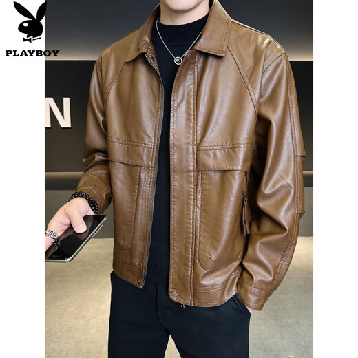 Playboy (PLAYBOY) men's leather jackets, trendy Korean style casual lapels, versatile handsome style motorcycle tops, men's jackets, black M