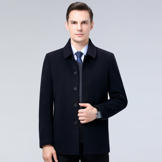 Hengyuanxiang 100% Wool Jacket Men's Spring Autumn and Winter Middle-aged Men's Dad's Clothes Leading Cadres Casual Woolen Wool Jacket Navy Blue Zipper Style L (175)