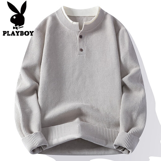 Playboy (PLAYBOY) heavy fake two-piece sweater for men winter 2025 American retro sweater thickened warm henley collar sweater jacket light gray XL