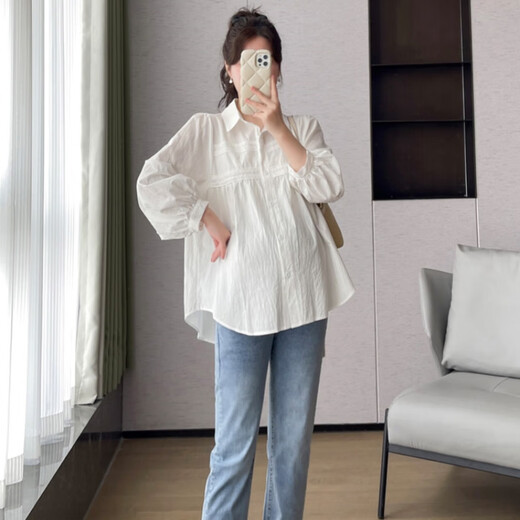 Ranqi Mommy Maternity Tops Spring and Autumn Fashionable Clothes Covering the Belly without Showing Pregnancy Clothes Shirts Large Size Loose Autumn Clothes 2025 New Women White Top + Blue Jeans (Set) L
