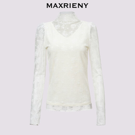 MAXRIENY exquisite romantic lace chiffon shirt temperament slim slim turtleneck top bottoming shirt for women in white M