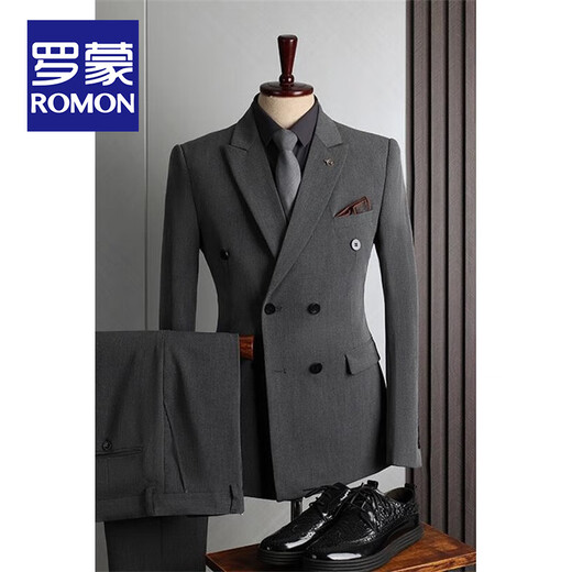 ROMON suit men's British style double-breasted business casual suit three-piece groom's wedding dress small suit men's black two-piece suit (suit + pants) 54/2XL size, free brooch + pocket square
