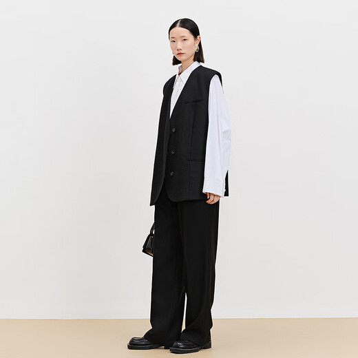 AUM (AUM) easy suit AUM 2025 spring new wool suit vest top black wide-leg pants black wide-leg trousers S