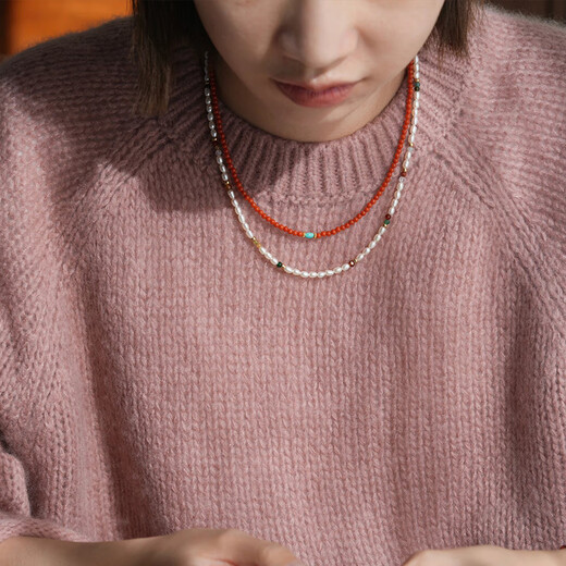 Ouyin Natural Nanhong Necklace Full Color Full Flesh Persimmon Red Stacked Millet Beads Clavicle Chain Raw Mineral Turquoise New Chinese Style Nanhong Necklace Length 45cm