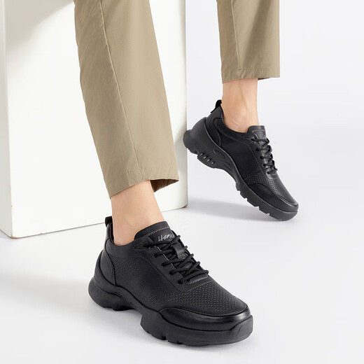 Harson Herren-Herbst- und Winter-Freizeit-Lederschuhe, Pendler, Business, dicke Sohle, Erhöhung, Sport, Wanderschuhe, Schwarz, perforiert, 42