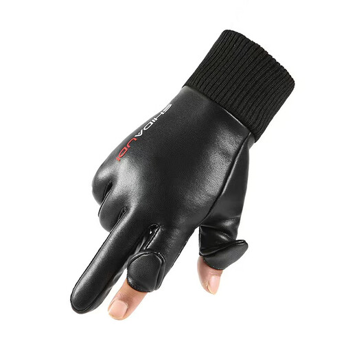 Jiang Fu Zhoucheng leather gloves winter warm men's touch screen plus velvet, water-repellent, wear-resistant, anti-skid, leaky fingers, fishing, takeaway, riding, driving, PU two-finger flip-up cover - Men's model, one size fits all