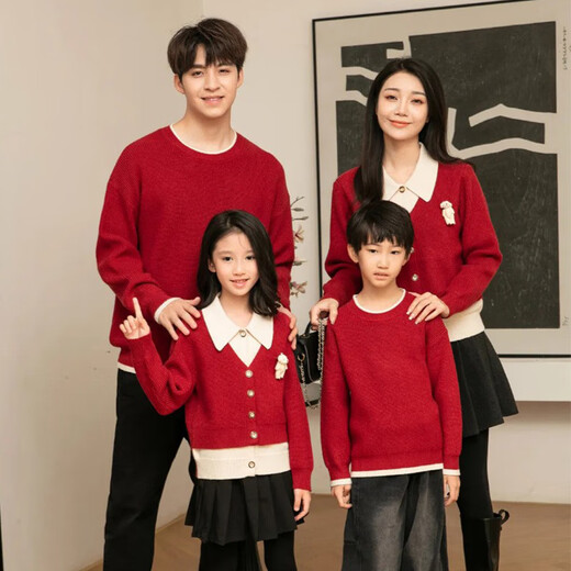 Little Bear Elf (xiaoxiongjingling) parent-child red sweater autumn and winter new style 2026 New Year's family of three, high-end mother and daughter family outfit of four, men's round neck top/women's cardigan jacket 175 mother's XL size (recommended weight 135-150Jin Jin equals 0.5 kg)