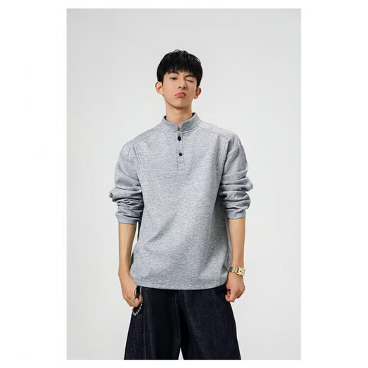 Chinese cotton splicing Hong Kong style color matching long-sleeved Polo shirt men's American retro loose sweatshirt high quality Henry collar black L