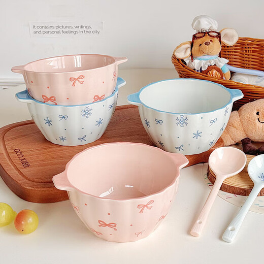 High-looking snowflake bow ceramic double-ear soup bowl yogurt bowl underglaze color household tableware microwave instant noodle bowl Chuxue blue pumpkin double-ear bowl 1 high-temperature underglaze color material