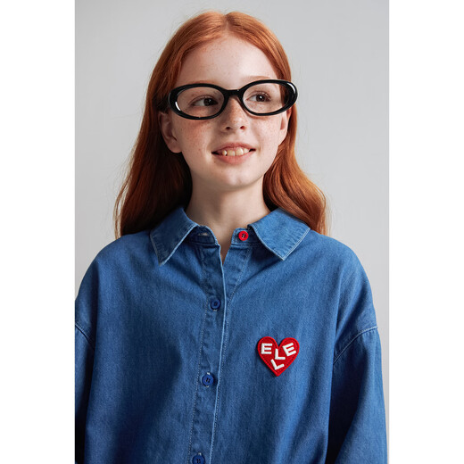 ELLE KIDS Children's Clothing Love embroidered logo mid-length denim shirt girls spring cotton casual comfortable jacket denim blue 160 (S)