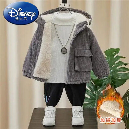 Disney (Disney) children's corduroy jacket boys' winter thickened velvet new style children's fashionable baby hooded winter clothing trendy brown smiling corduroy jacket 100cm