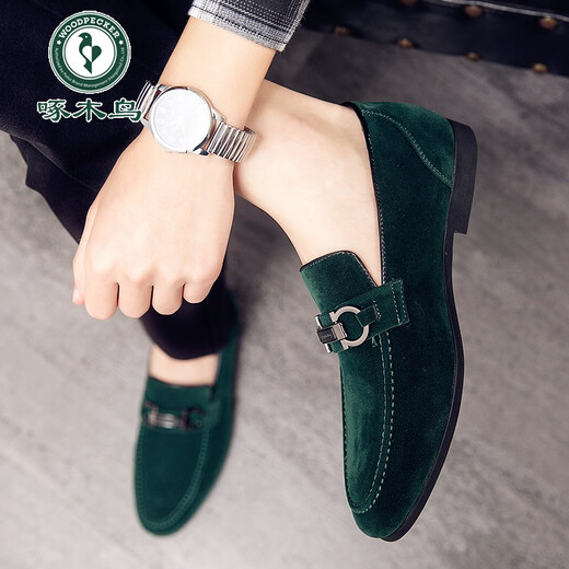 啄木鸟2025新款春季一脚蹬懒人豆豆鞋男士英伦尖头休闲皮鞋磨砂皮潮鞋子 866绿色 43