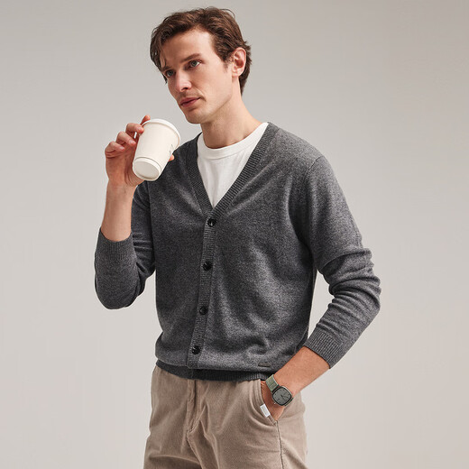 Zhaojun 2024 automne et hiver veste cardigan en laine de couleur unie haut de gamme pour hommes col en V à manches longues haut tricoté basique gris nuage foncé 3XL