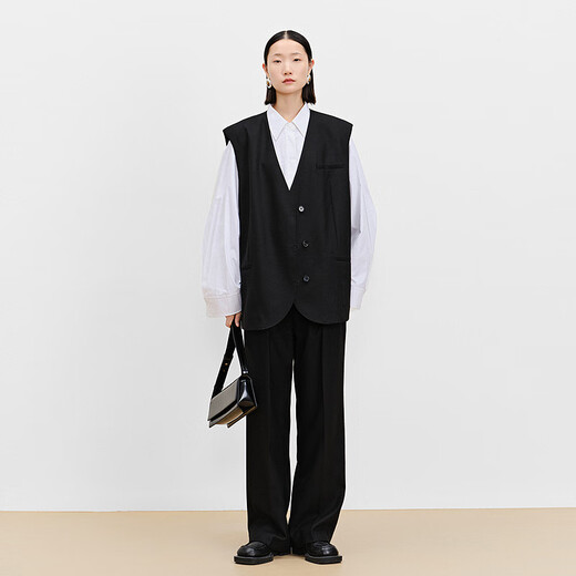AUM (AUM) easy suit AUM 2025 spring new wool suit vest top black wide-leg pants black wide-leg trousers S