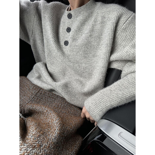 Maycaur autumn and winter retro lazy old money style heavyweight thickening loose outer wear inner Henry collar sweater sweater men's trend gray M _100Jin Jin is equal to within 0.5 kg