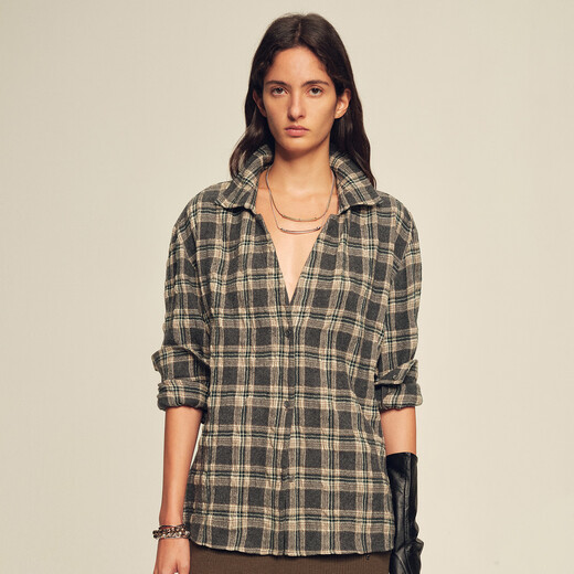 付智恩  英伦格调 复古宽松羊毛棉混纺盐缩磨毛工艺落肩格子衬衫女 松灰格 S