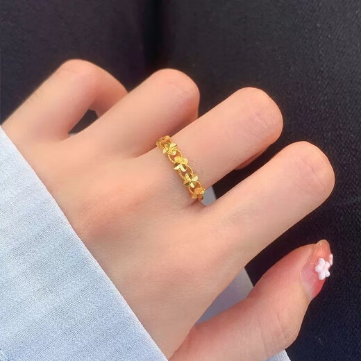 Zhijue's new 999 solid gold four-leaf clover ring 24K gold plain ring pure gold open glossy ring 0.01g four-leaf clover open ring