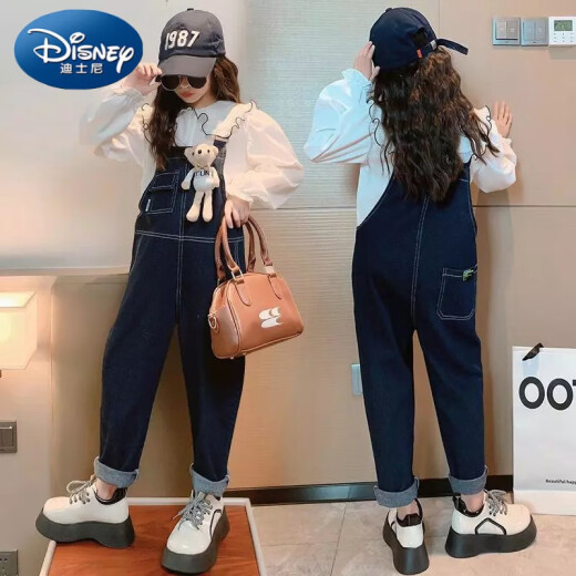 Disney Girls' Overalls Set Spring and Autumn 2024 New Style Children's Autumn Clothing Internet Celebrities Big Children's Autumn Fashionable Set Blue Overalls + Bear 120