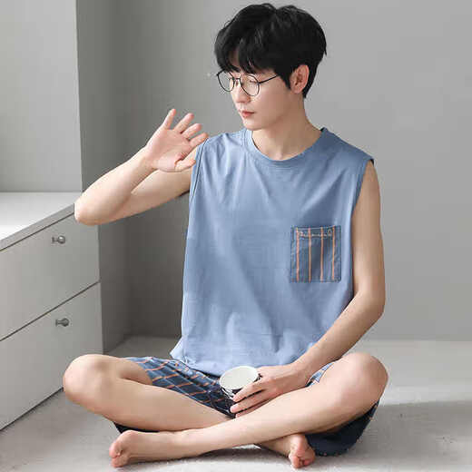 浪莎莫代尔睡衣男背心秋季薄款青年大码休闲家居服可外穿2件短裤套装 12023 L 建议95-120斤