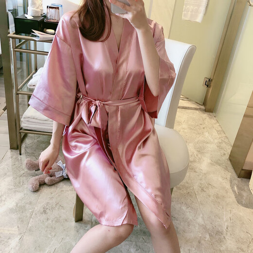 梦园朵睡衣女夏季冰薄浴衣睡袍系带睡性感女士短春秋网红家居服 9896蓝色 睡袍 M码(85-100斤)