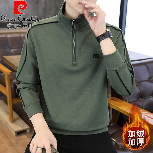 Pierre Cardin half-zip sweatshirt men's spring and autumn velvet thickened stand collar top casual handsome half turtleneck warm bottoming shirt 6657 black style velvet L (about 125~140Jin Jin is equal to 0.5 kg can be worn)