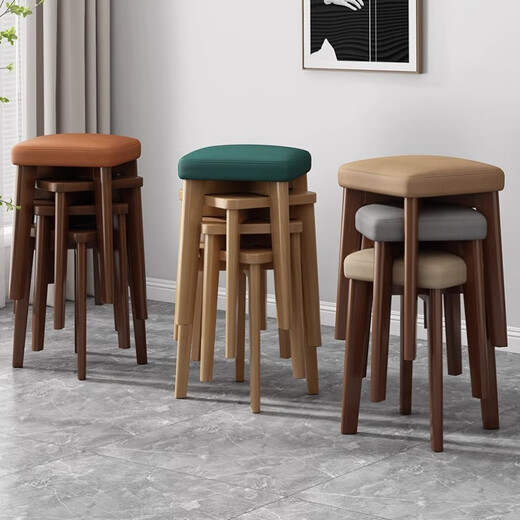 Kunfeng household solid wood dining table bench, living room soft bag stool, dressing table low stool, stackable simple small stool, simple wooden stool, white surface + solid wood legs, oil wax leather