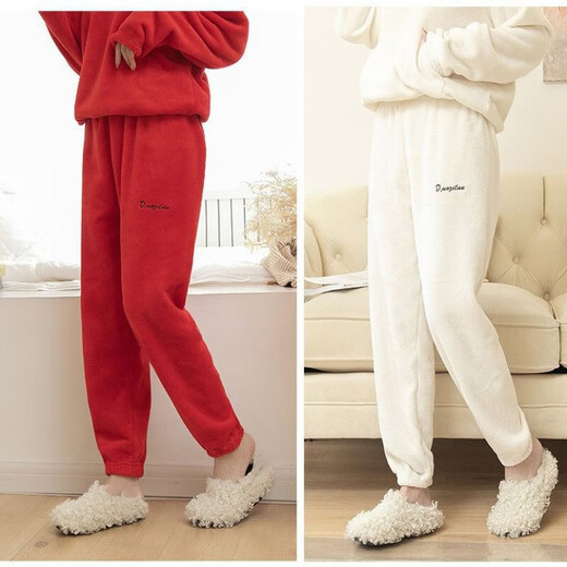 Coral Velvet Fairy Korean Style Warm Home Nine-Point Pants Thickened Casual Loose Outerwear Winter Pajamas for Women Khaki One Size (80-150Jin Jin is equal to 0.5kg) No pockets